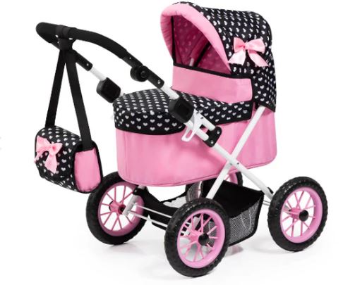 BAYER TRENDY DOLL PRAM PINK WITH BLACK HOOD & PINK BOW - Toyworld Frankston
