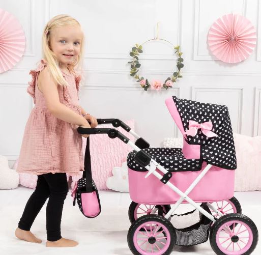 BAYER TRENDY DOLL PRAM PINK WITH BLACK HOOD & PINK BOW