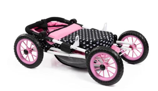 BAYER TRENDY DOLL PRAM PINK WITH BLACK HOOD & PINK BOW