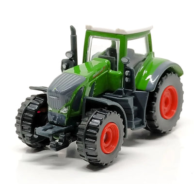 A green and gray toy tractor with red wheel hubs, photographed on a clean white background.