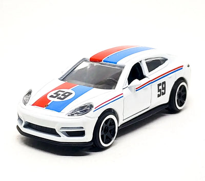 A white die-cast toy model of a Porsche Panamera with red and blue racing stripes, the number 59 on the hood and side, and black wheels, photographed on a white background.