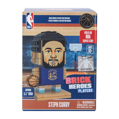 NBA Brick Heroes Players Steph Curry collectible mini-brick figure set in its original retail packaging, featuring a 3D-rendered Steph Curry figure wearing a Golden State Warriors jersey.