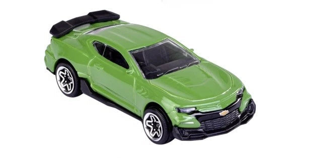 A green die-cast model of a Chevrolet Camaro sports car with black wheels and a black rear spoiler, shown on a plain white background.