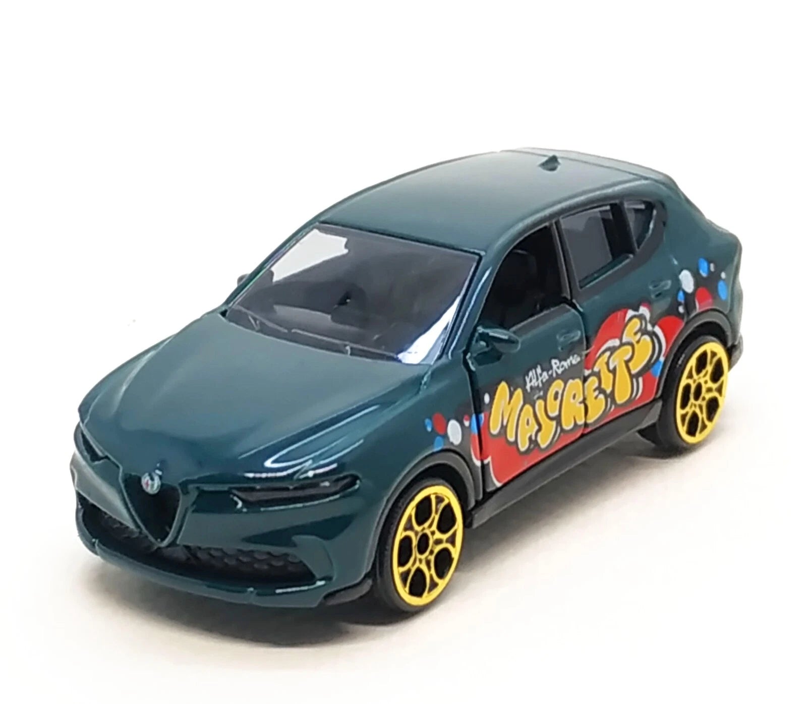 A dark teal toy model car with a 'My Hero Academia' graphic decal and yellow wheels, photographed on a clean white background.