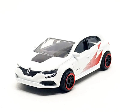 A white die-cast model car of a Renault Megane R3, featuring a black hood stripe, red and white side graphics, and black wheels with red rims, set against a plain white background.