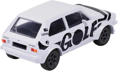 A white toy model car of a Volkswagen Golf with black decals, including 'GOLF' and 'Castrol', on a plain white background.