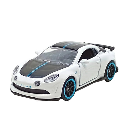 A white and black die-cast model car with blue accents, featuring the Alpina logo on the front bumper, photographed on a light gray background.