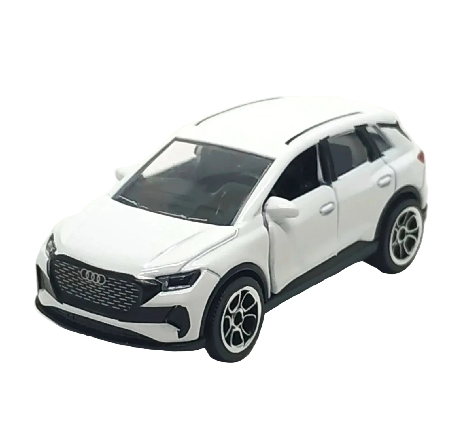 A white Audi Q5 toy model car with black accents, shown from a three-quarters front angle on a light gray background.