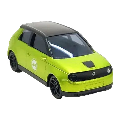 A lime green and black diecast model car of the Honda E24, shown on a white background with a small promotional inset in the top right corner.