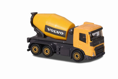 A small Volvo cement mixer toy truck with a yellow rotating drum and cab, black chassis, and yellow-and-black wheels, photographed on a clean white background.
