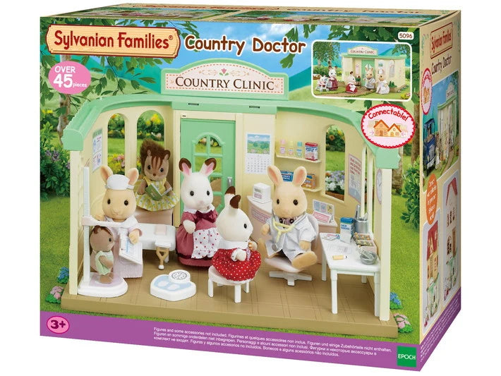 Sylvanian Families Country Doctor set packaging with characters and clinic interior.