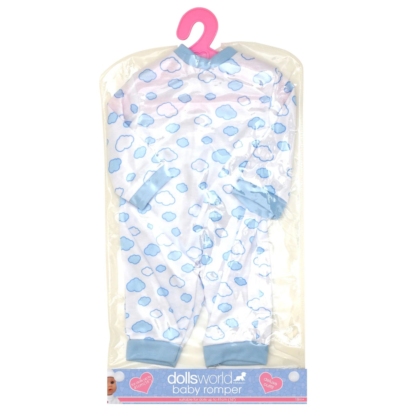 DOLLSWORLD FASHION BOUTIQUE BABY ROMPER - WHITE OUTFIT WITH BLUE CLOUDS