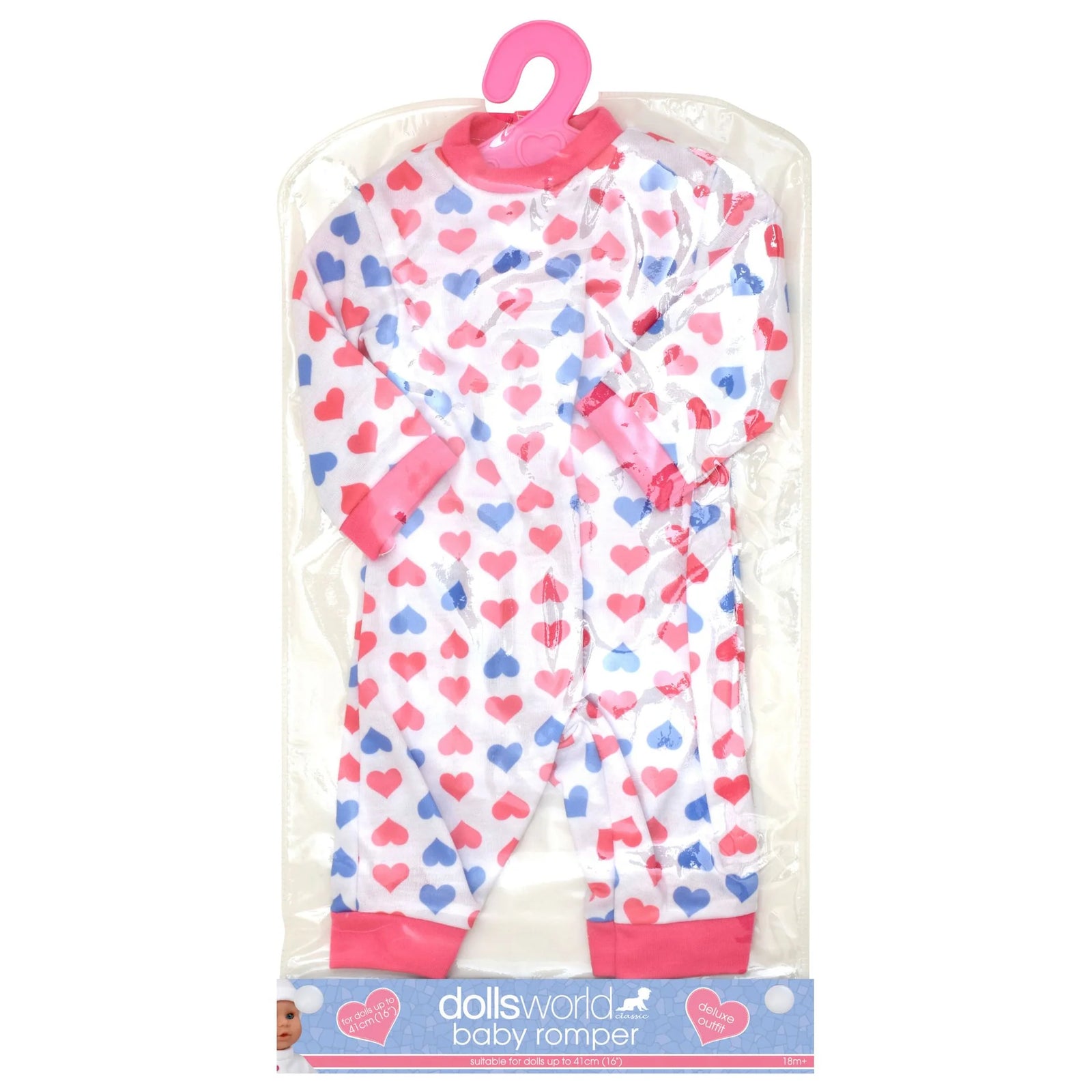 DOLLSWORLD FASHION BOUTIQUE BABY ROMPER - WHITE OUTFIT WITH BLUE AND PINK HEARTS