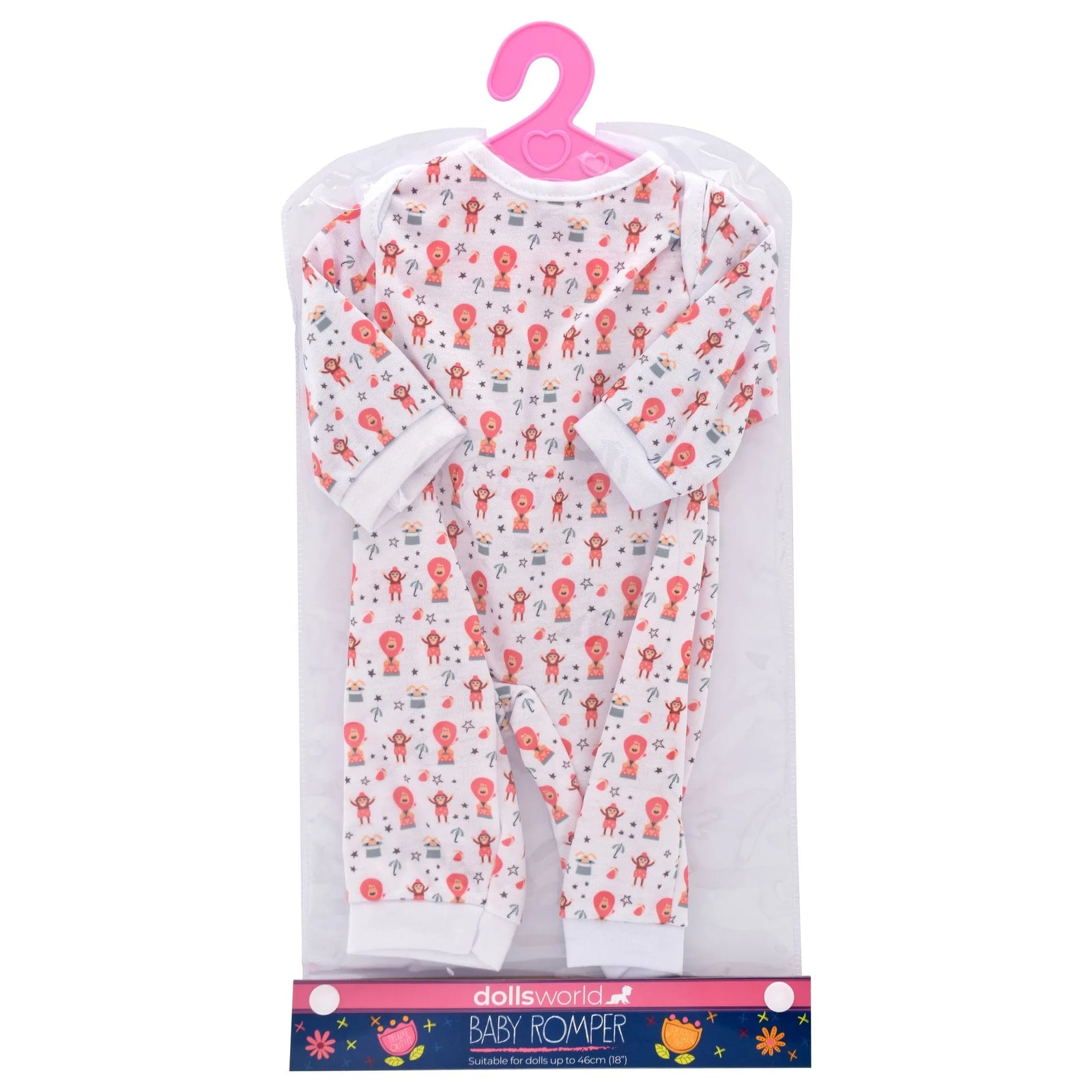 DOLLSWORLD FASHION BOUTIQUE BABY ROMPER - WHITE OUTFIT WITH LIONS AND MONKEYS