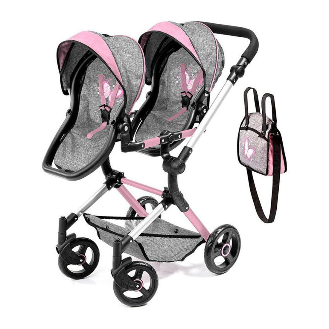 TWIN DOLL PRAM GREY AND PINK - Toyworld Frankston