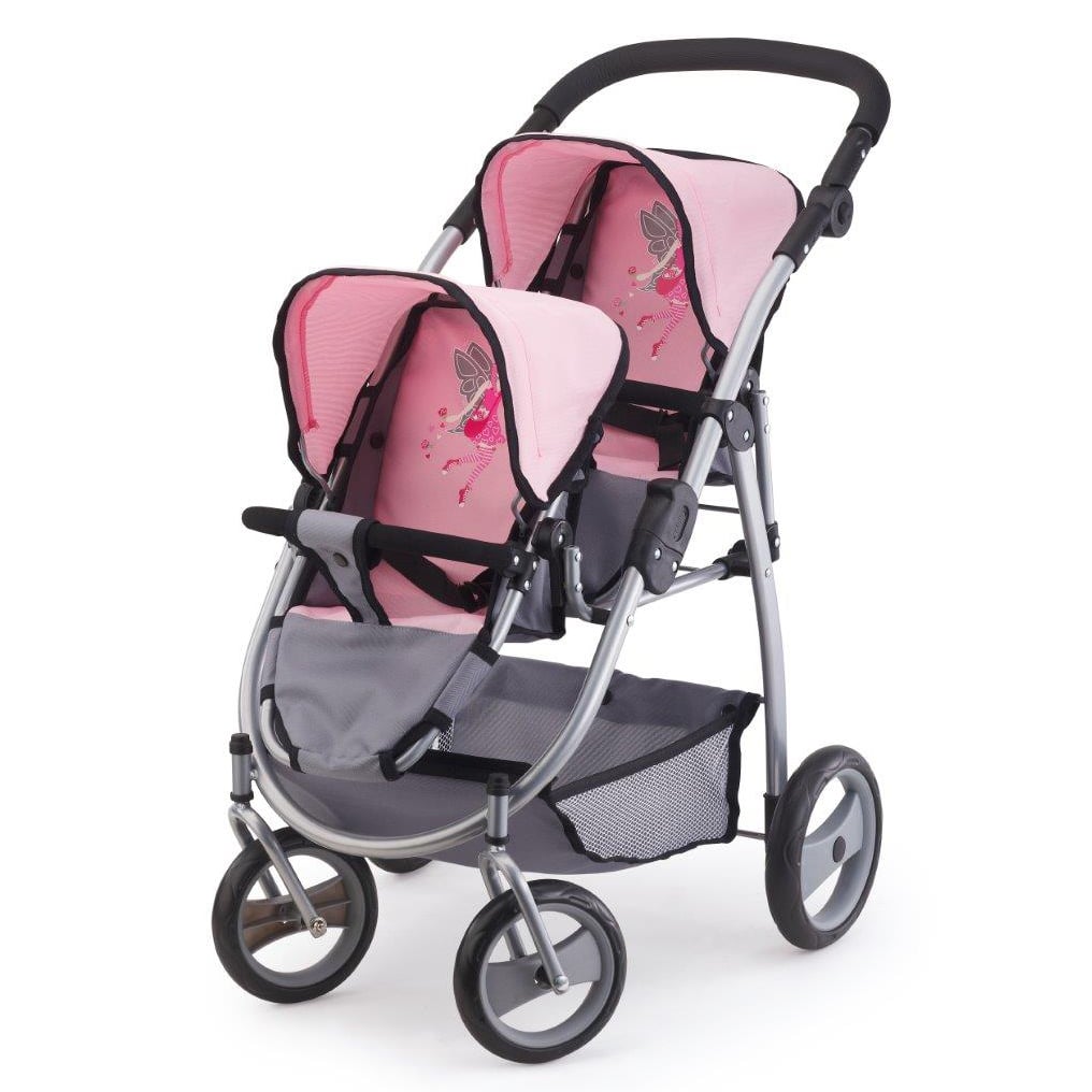TWIN TANDEM PRAM - PINK & GREY - Toyworld Frankston