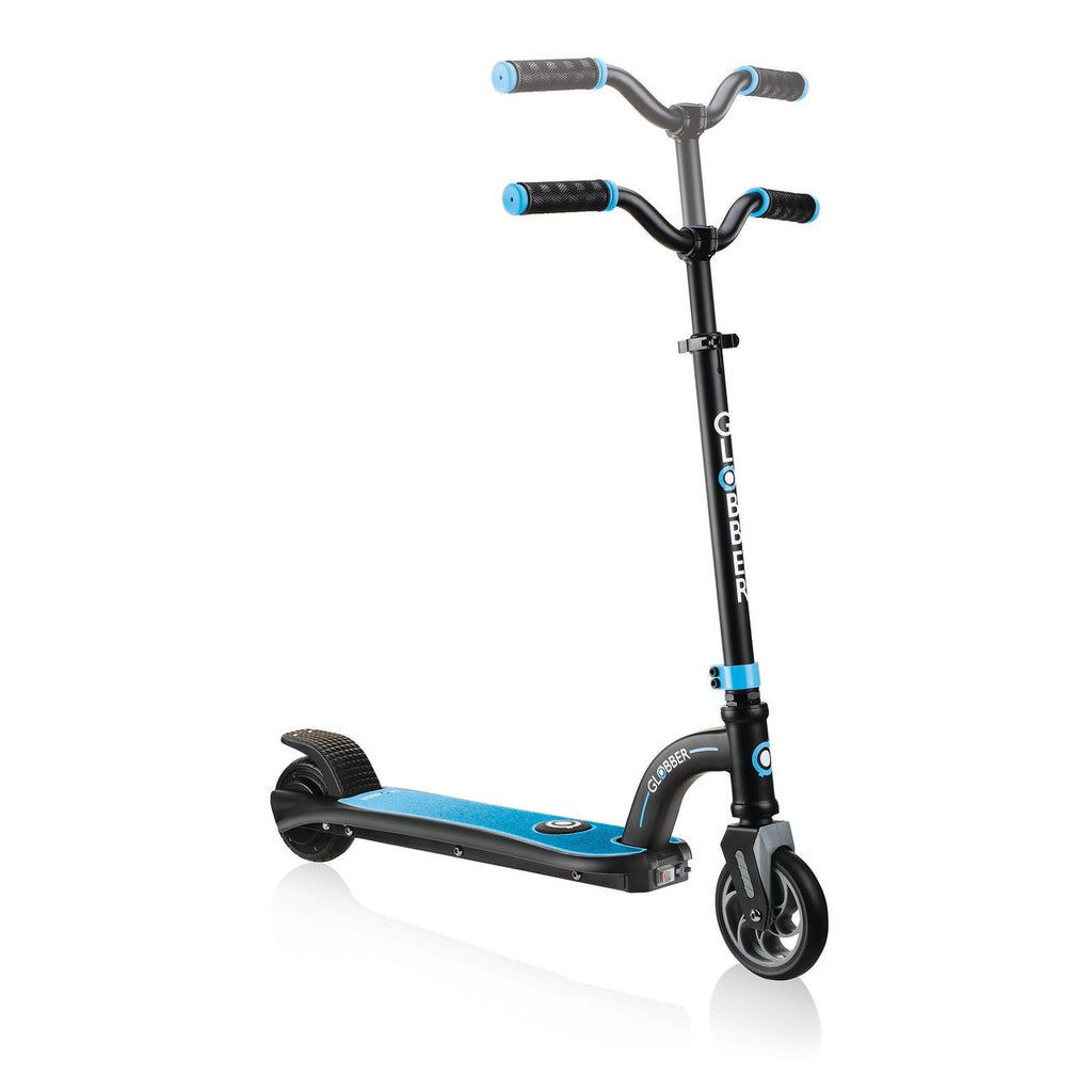 GLOBBER ONE K E-MOTION 4 SKYE BLUE / BLACK - 2 SPEED ELECTRIC 3 WHEEL SCOOTER - Toyworld Frankston