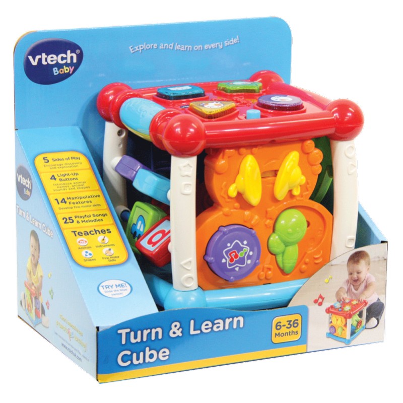 VTECH Turn & Learn Cube featuring various colorful buttons and musical instruments designed for babies.